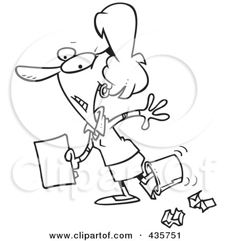 Royalty-Free (RF) Clipart Illustration of a Line Art Design Of A Clumsy Businesswoman Walking With Her Foot In A Trash Bin by toonaday