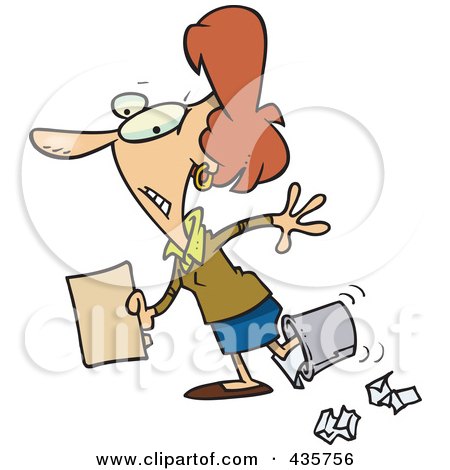 Royalty-Free (RF) Clipart Illustration of a Clumsy Caucasian Businesswoman Walking With Her Foot In A Trash Bin by toonaday