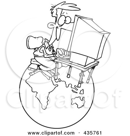 Royalty-Free (RF) Clipart Illustration of a Line Art Design Of A Businessman Working On A Computer Over A Globe by toonaday