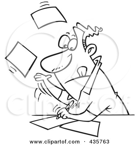 Royalty-Free (RF) Clipart Illustration of a Line Art Design Of A Businessman Speeding Through Paperwork by toonaday