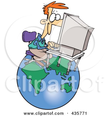 Royalty-Free (RF) Clipart Illustration of a Caucasian Businessman Working On A Computer Over A Globe by toonaday