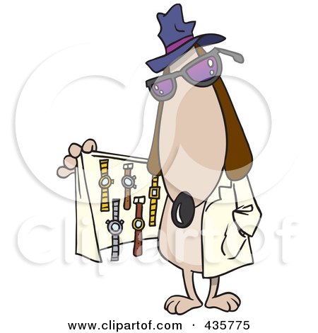 Royalty-Free (RF) Clipart Illustration of a Dog Selling Watches From Under His Coat by toonaday