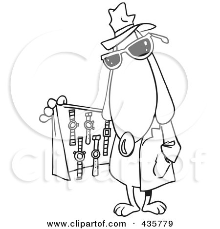 Royalty-Free (RF) Clipart Illustration of a Line Art Design Of A Dog Selling Watches From Under His Coat by toonaday