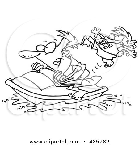 Royalty-Free (RF) Clipart Illustration of a Line Art Design Of A Father And Son Riding A Jet Ski by toonaday