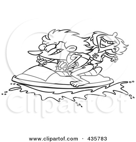 Royalty-Free (RF) Clipart Illustration of a Line Art Design Of A Mother And Daughter Riding A Jet Ski by toonaday