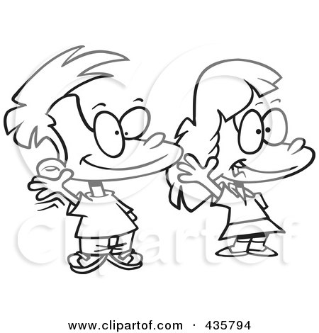 Royalty-Free (RF) Clipart Illustration of a Line Art Design Of A Boy And Girl Smiling And Waving by toonaday