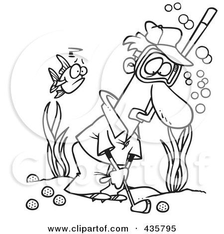 Royalty-Free (RF) Clipart Illustration of a Line Art Design Of A Man Wearing A Snorkel Mask And Golfing Underwater by toonaday