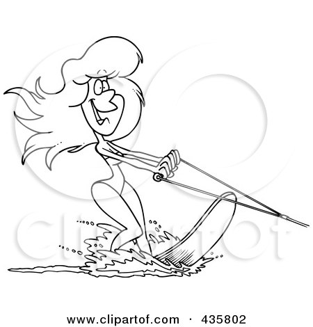 Royalty-Free (RF) Clipart Illustration of a Line Art Design Of A Beautiful Woman Waterskiing by toonaday