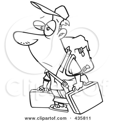Royalty-Free (RF) Clipart Illustration of a Line Art Design Of A Tired Male Traveler Carrying Luggage by toonaday