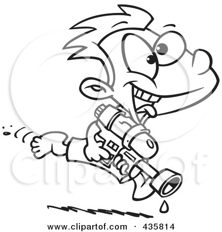 Royalty-Free (RF) Clipart Illustration of a Line Art Design Of A Playful Boy Running With A Water Gun by toonaday