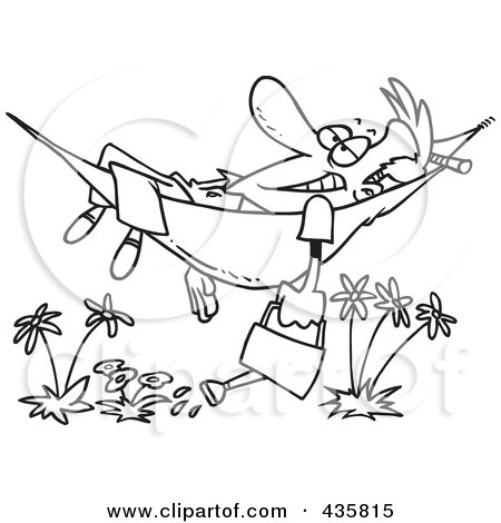 Royalty-Free (RF) Clipart Illustration of a Line Art Design Of A Happy Man Relaxing In A Hammock And Watering His Flowers by toonaday