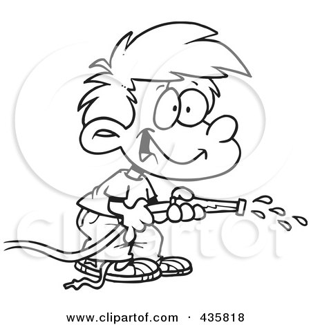 Royalty-Free (RF) Clipart Illustration of a Line Art Design Of A Boy Using A Garden Hose To Water by toonaday