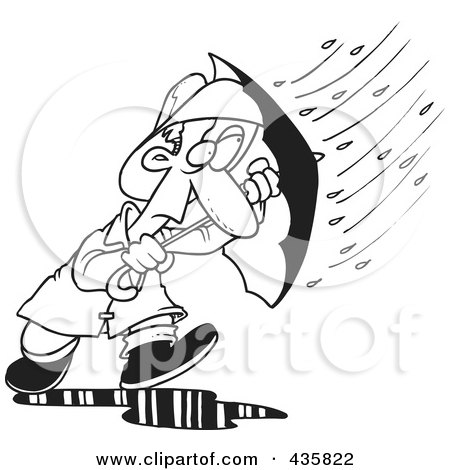 Royalty-Free (RF) Clipart Illustration of a Line Art Design Of A Man Caught In A Nasty Rain Storm by toonaday
