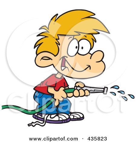 Royalty-Free (RF) Clipart Illustration of a Boy Using A Garden Hose To Water by toonaday