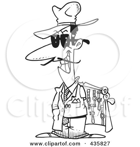 Royalty-Free (RF) Clipart Illustration of a Line Art Design Of A Knock Off Salesman Selling Watches by toonaday