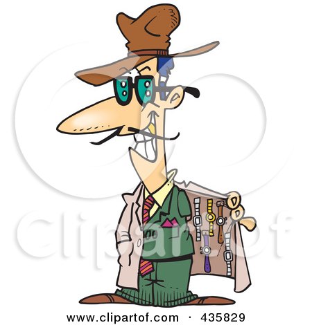 Royalty-Free (RF) Clipart Illustration of a Knock Off Salesman Selling Watches by toonaday