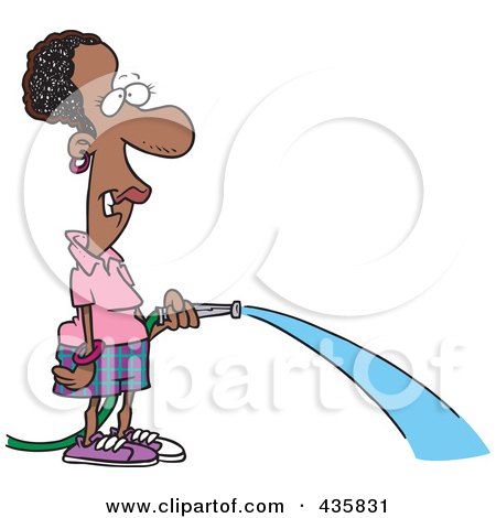 Royalty-Free (RF) Clipart Illustration of a Black Woman Watering With A Garden Hose by toonaday