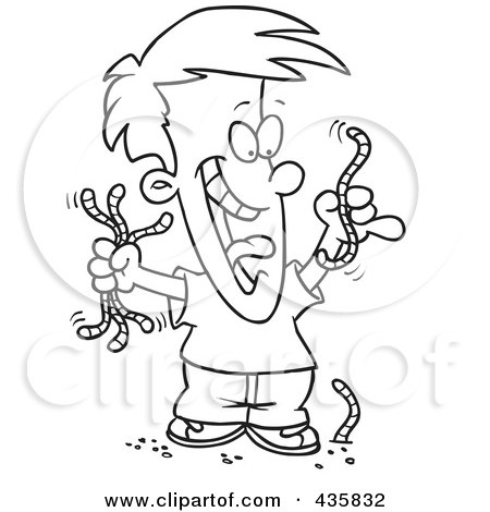 Royalty-Free (RF) Clipart Illustration of a Line Art Design Of A Boy Collecting Worms by toonaday