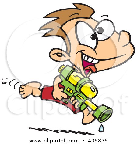 Royalty-Free (RF) Clipart Illustration of a Playful Boy Running With A Water Gun by toonaday