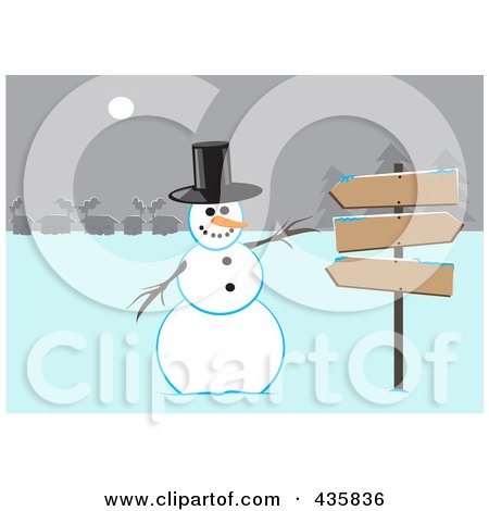 Royalty-Free (RF) Clipart Illustration of a Winter Snowman Wearing A Top Hat And Gesturing To Wooden Signs Near A Village by djart