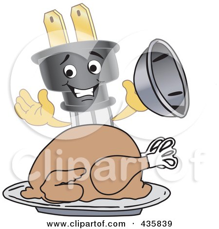 Royalty-Free (RF) Clipart Illustration of an Electric Plug Mascot Serving A Thanksgiving Turkey by Mascot Junction