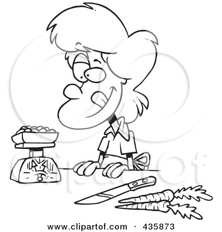 Royalty-Free (RF) Clipart Illustration of a Line Art Design Of A Hungry Woman Weighing Her Food by toonaday