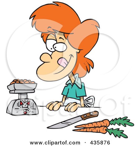 Royalty-Free (RF) Clipart Illustration of a Red Haired Woman Weighing Her Food by toonaday