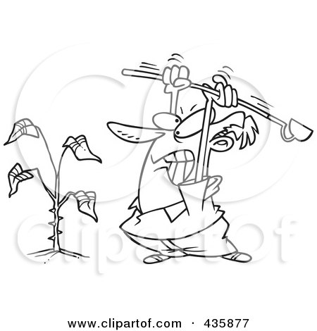 Royalty-Free (RF) Clipart Illustration of a Line Art Design Of An Angry Man Beating A Weed by toonaday