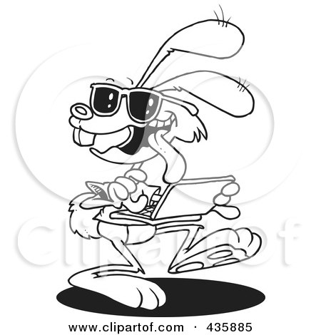 Royalty-Free (RF) Clipart Illustration of a Line Art Design Of A Web Bunny Using A Laptop by toonaday