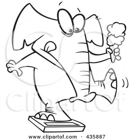 Royalty-Free (RF) Clipart Illustration of a Line Art Design Of A Chubby Elephant Holding An Ice Cream Cone And Standing On A Scale by toonaday