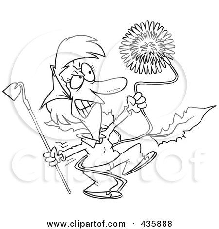 Royalty-Free (RF) Clipart Illustration of a Line Art Design Of An Angry Woman Pulling A Giant Dandelion Weed by toonaday