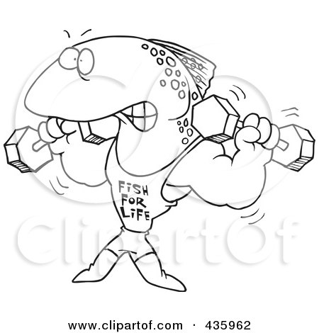 Royalty-Free (RF) Clipart Illustration of a Line Art Design Of A Fish Lifting Weights And Wearing A Fish For Life Shirt by toonaday
