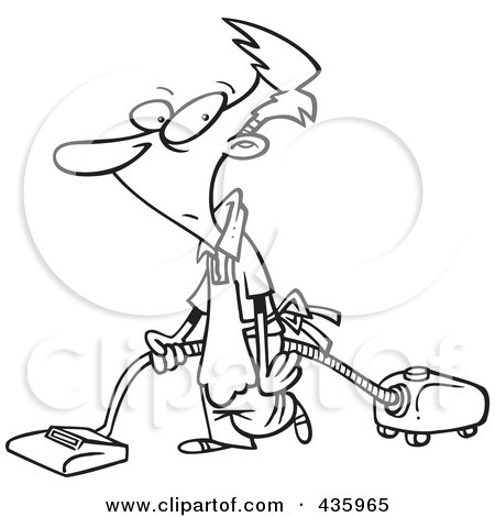 Royalty-Free (RF) Clipart Illustration of a Line Art Design Of A Whipped Man Vacuuming And Wearing An Apron by toonaday