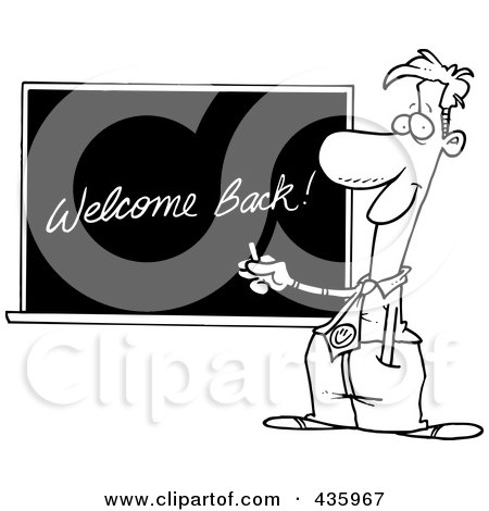 Royalty-Free (RF) Clipart Illustration of a Line Art Design Of A Male School Teacher Writing Welcome Back On A Chalk Board by toonaday