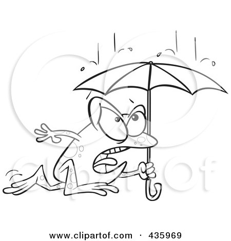 Royalty-Free (RF) Clipart Illustration of a Line Art Design Of A Frog Dashing Through The Rain With An Umbrella by toonaday