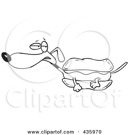 Royalty-Free (RF) Clipart Illustration of a Line Art Design Of A Weiner Dog With Mustard In A Bun by toonaday