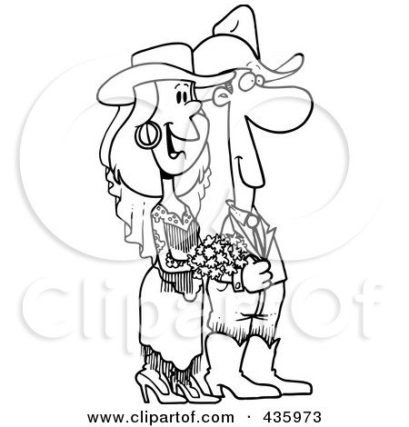 Royalty-Free (RF) Clipart Illustration of a Line Art Design Of A Western Wedding Couple by toonaday