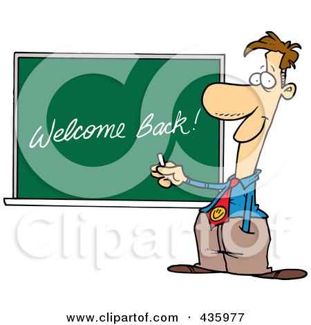 Royalty-Free (RF) Clipart Illustration of a Male School Teacher Writing Welcome Back On A Chalk Board by toonaday