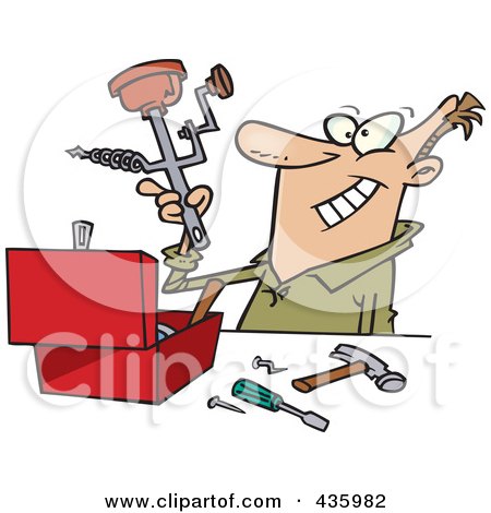 Royalty-Free (RF) Clipart Illustration of a Cartoon Man Holding Up A Unique Whatzit Tool by toonaday