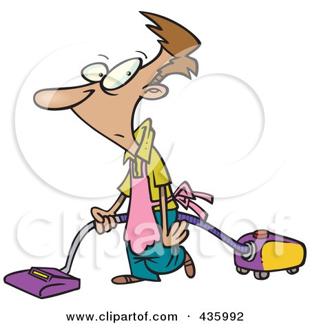 Royalty-Free (RF) Clipart Illustration of a Whipped Man Vacuuming And Wearing An Apron by toonaday