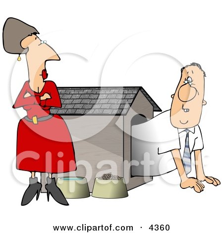 Upset Wife Watching Husband Crawl Our of the Doghouse Clipart by djart