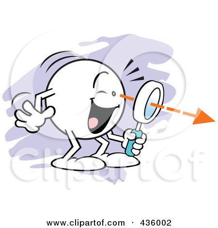 Royalty-Free (RF) Clipart Illustration of a Moodie Character Finding Something Through A Magnifying Glass Over Purple by Johnny Sajem