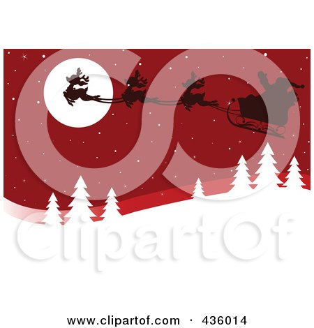 Royalty-Free (RF) Clipart Illustration of Santa's Sleigh And Magic Reindeer Silhouetted Against A Red Sky Over A Winter Landscape by Pushkin