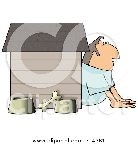 Husband In Trouble with His Wife, Sitting Outside of a Doghouse with a Bone and Food & Water Bowls Clipart by djart