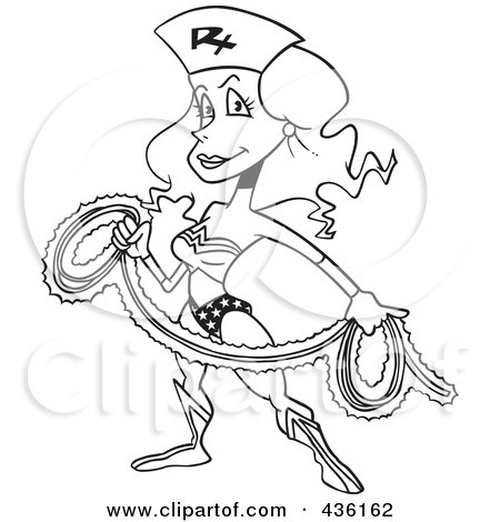 Royalty-Free (RF) Clipart Illustration of a Line Art Design Of A Wonder Nurse With A Rope by toonaday