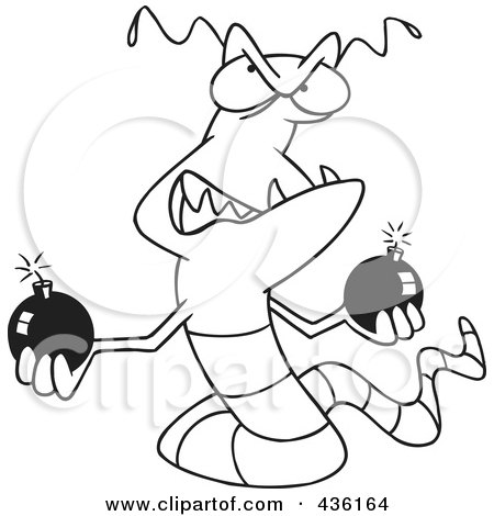 Royalty-Free (RF) Clipart Illustration of a Line Art Design Of A Worm Virus Holding Bombs by toonaday