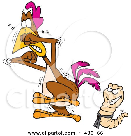 Royalty-Free (RF) Clipart Illustration of a Karate Worm Intimidating A Rooster by toonaday