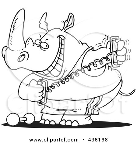 Royalty-Free (RF) Clipart Illustration of a Line Art Design Of A Workout Rhino Using A Stretching Device by toonaday