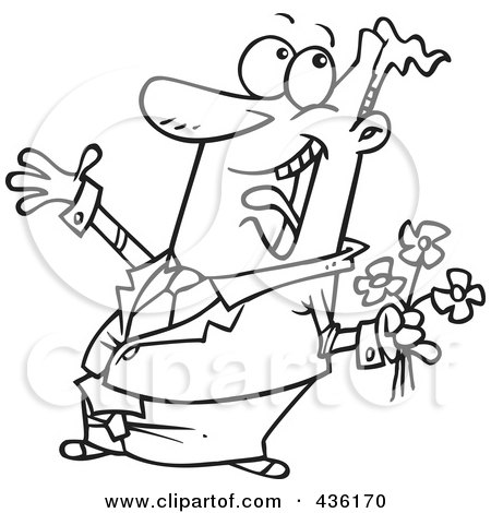 Royalty-Free (RF) Clipart Illustration of a Line Art Design Of A Happy Man Holding Flowers by toonaday