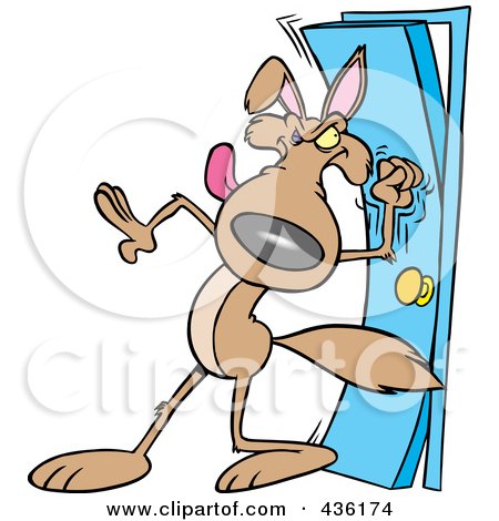 Royalty-Free (RF) Clipart Illustration of a Wolf Knocking On A Door by toonaday